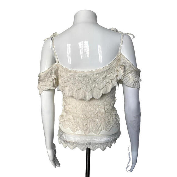 PRADA Cream White Lace Crochet Off-Shoulder Top Ruffles Ties Tiered IT-38 Small - Picture 5 of 8